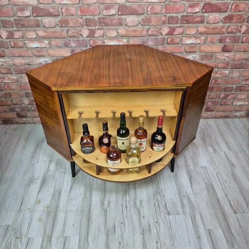 Odnowiony kultowy Narożny Barek Obrotowy z lat 60. | Orzechowa "Karuzela" | Mid-Century Modern